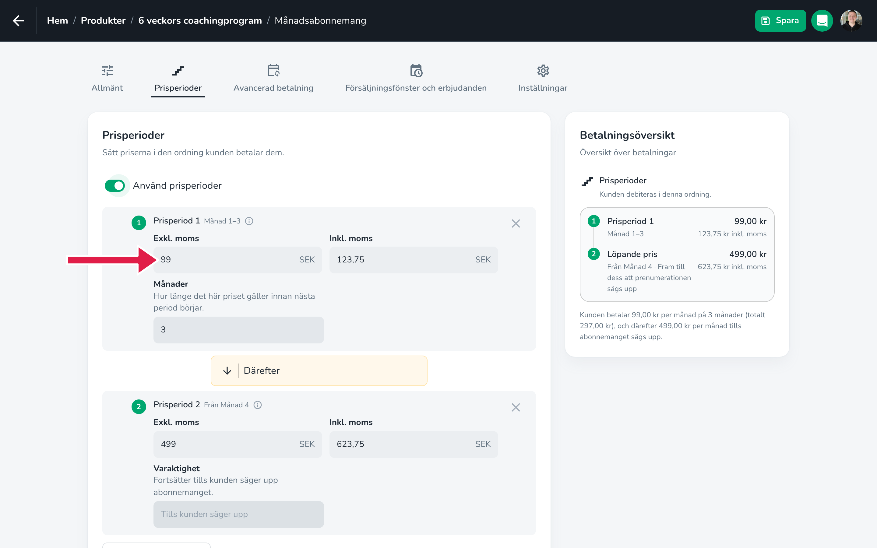 Ange introduktionspriset